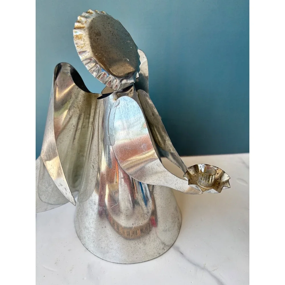 Vintage Folk Art Metal Angel Candle Holder Christmas Tree Topper Silver Tone